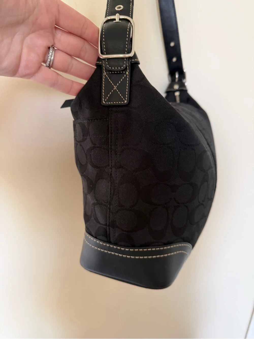 COACH Y2K Bag F10906 Black Signature Jacquard Leather Trim Shoulder Hobo Purse